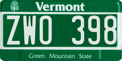 VT license plate ZWO398