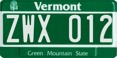 VT license plate ZWX012