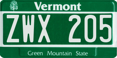 VT license plate ZWX205