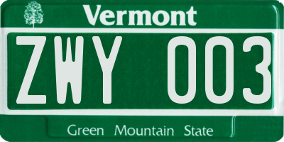 VT license plate ZWY003