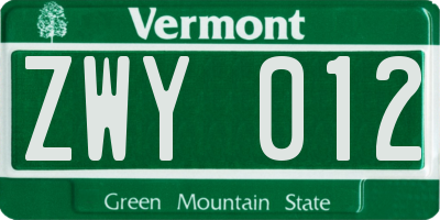 VT license plate ZWY012
