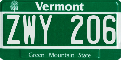 VT license plate ZWY206