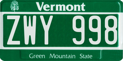 VT license plate ZWY998