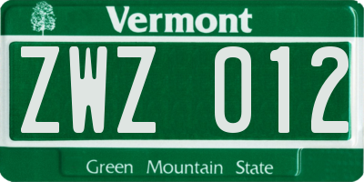 VT license plate ZWZ012