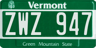 VT license plate ZWZ947