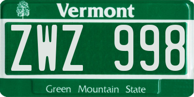 VT license plate ZWZ998