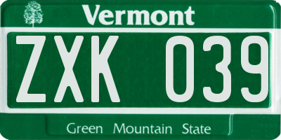 VT license plate ZXK039