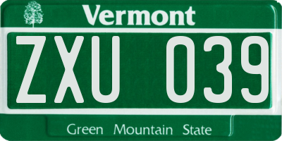 VT license plate ZXU039