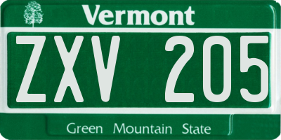 VT license plate ZXV205