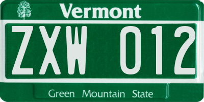 VT license plate ZXW012