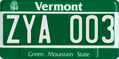 VT license plate ZYA003