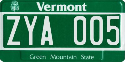 VT license plate ZYA005