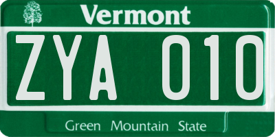 VT license plate ZYA010