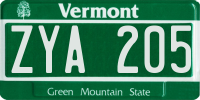 VT license plate ZYA205