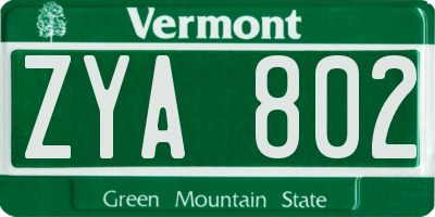VT license plate ZYA802
