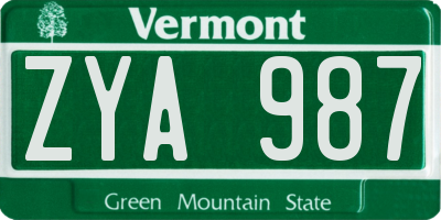 VT license plate ZYA987