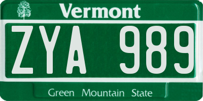 VT license plate ZYA989