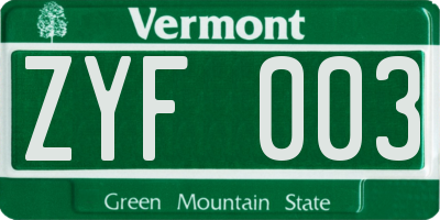 VT license plate ZYF003