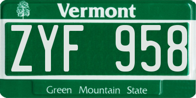 VT license plate ZYF958