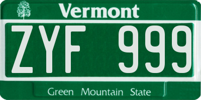 VT license plate ZYF999