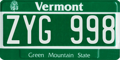VT license plate ZYG998