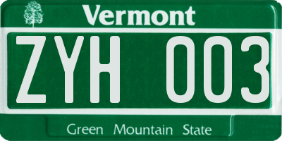 VT license plate ZYH003