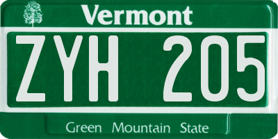 VT license plate ZYH205
