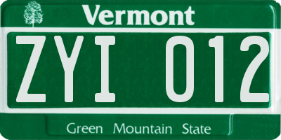 VT license plate ZYI012