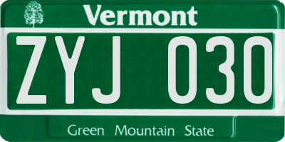 VT license plate ZYJ030