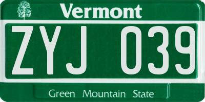 VT license plate ZYJ039