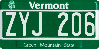 VT license plate ZYJ206