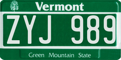 VT license plate ZYJ989