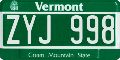 VT license plate ZYJ998