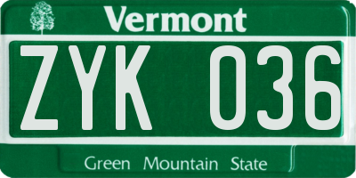 VT license plate ZYK036