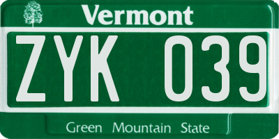 VT license plate ZYK039