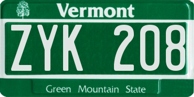 VT license plate ZYK208