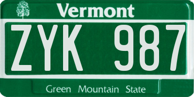 VT license plate ZYK987