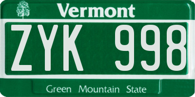 VT license plate ZYK998