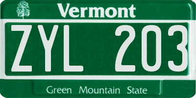 VT license plate ZYL203