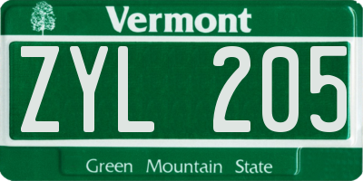 VT license plate ZYL205
