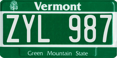 VT license plate ZYL987