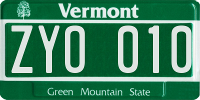 VT license plate ZYO010