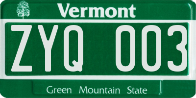 VT license plate ZYQ003
