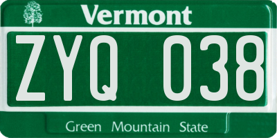 VT license plate ZYQ038