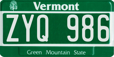 VT license plate ZYQ986