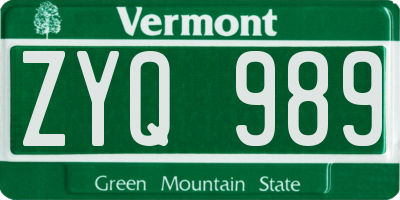 VT license plate ZYQ989