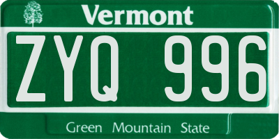VT license plate ZYQ996