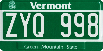 VT license plate ZYQ998