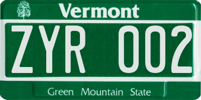 VT license plate ZYR002