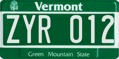 VT license plate ZYR012